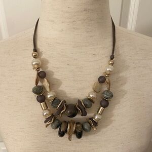 Multi-Strand Earth Tone Statement Necklace - Brown, Gold, Pearl